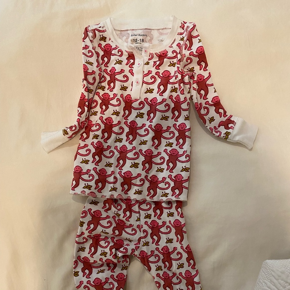 Roller Rabbit Kids Pajama Set White with Pink Monkey Print